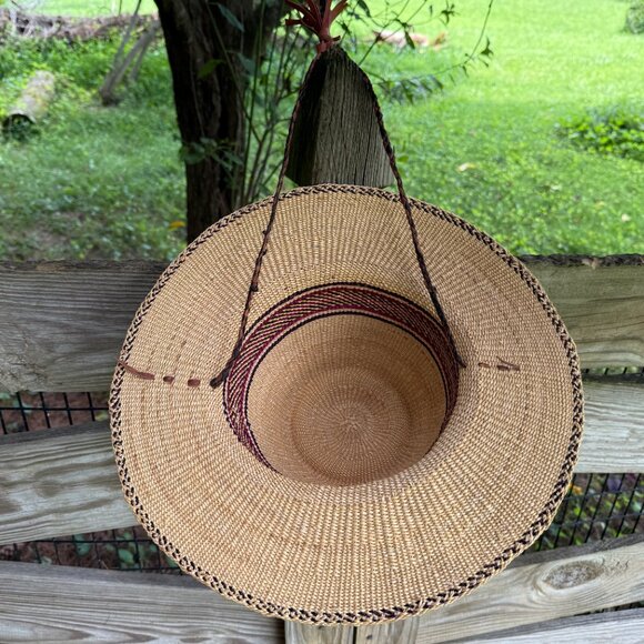 African Handwoven Elephant Grass Bolga Sun Hat Maroon Detail Leather Chinstrap - Picture 7 of 12